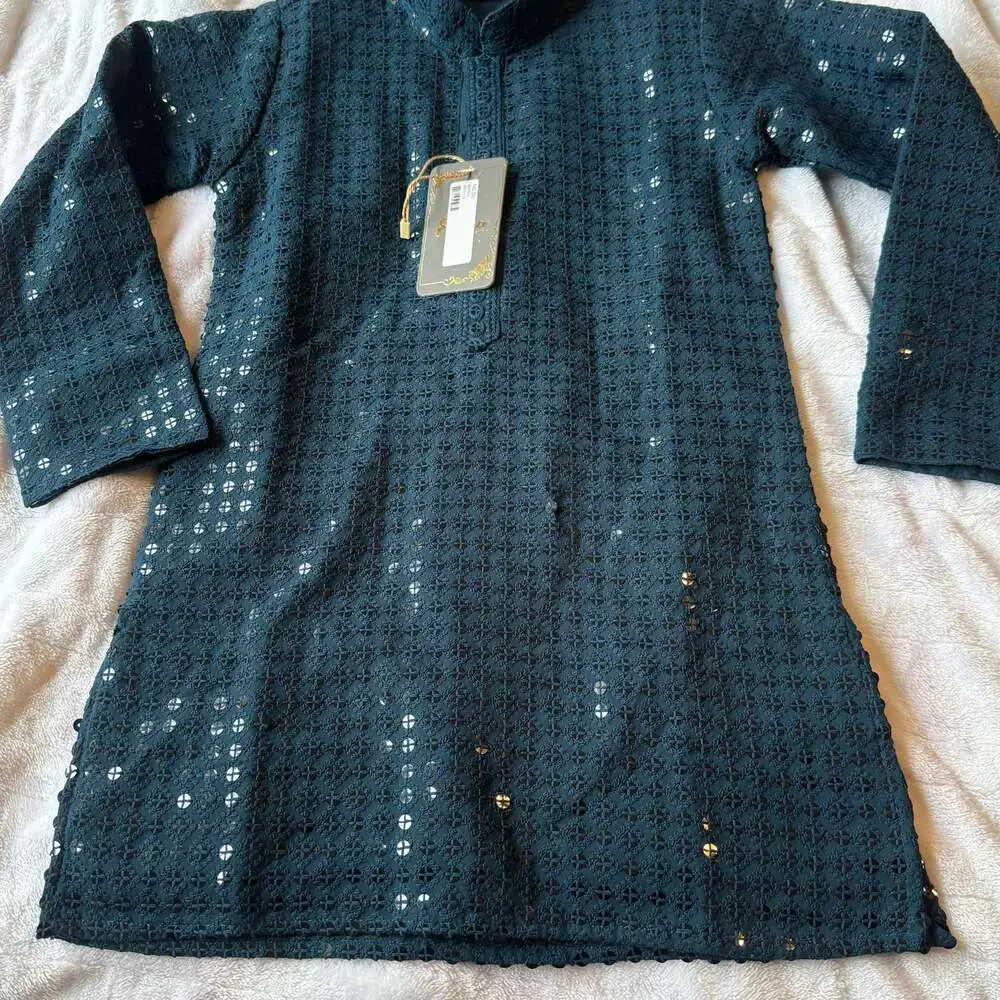 Buy Boys Dark Green Sequinned Chikankari Kurta Set Kurta Pajama for Boys, - Picture 8 of 8